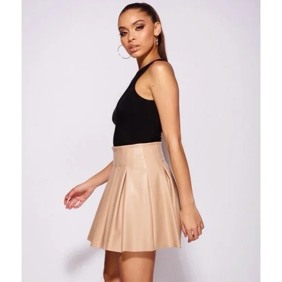 Nude Faux Leather Vegan Leather High Waist Pleated Mini Skater Skirt - Picture 5 of 15